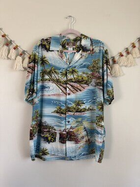 VTG Kalaheo Aloha Rayon Button Up Camp Shirt Tropical Island Hawaiian Beach L